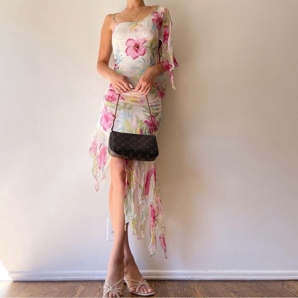 VINTAGE SILK FLORAL BEADED PAPILLON DRESS - Picture 7 of 8
